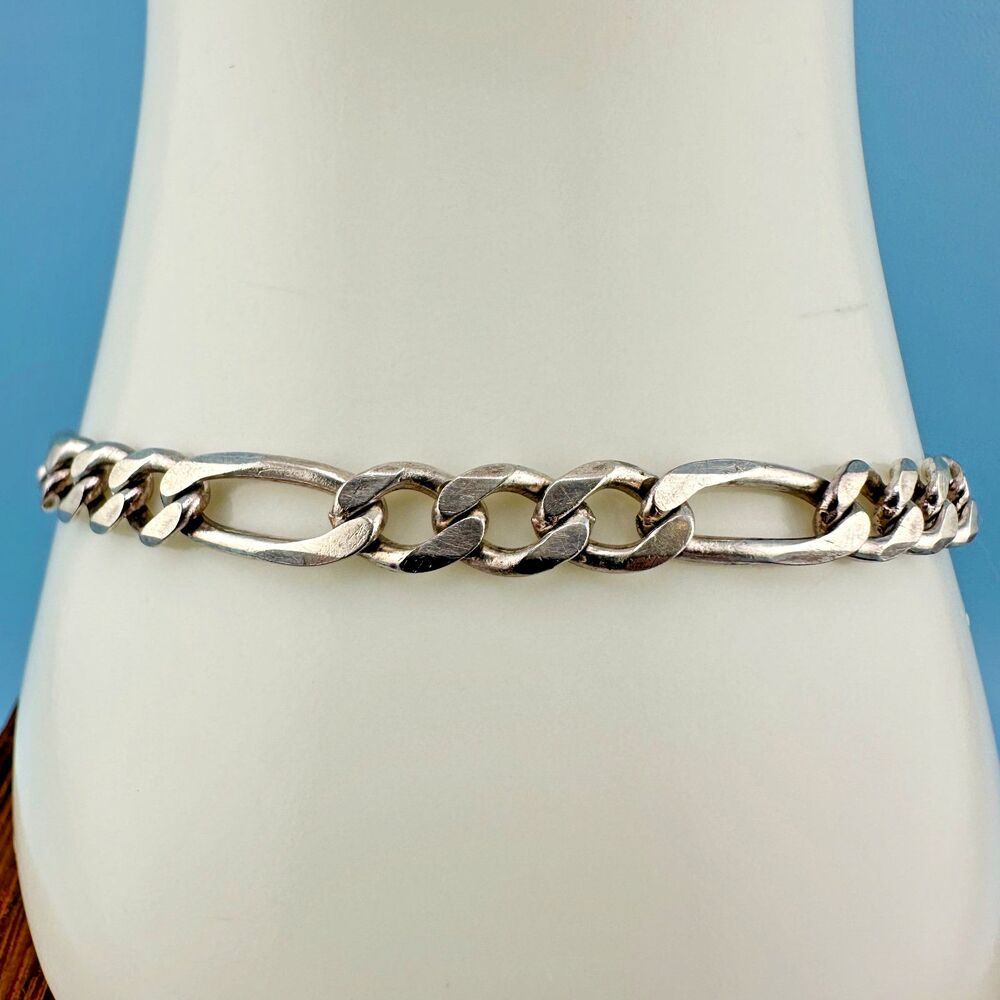 Vintage Italy Sterling Silver Figaro Link Bracelet 7.75" Stamped